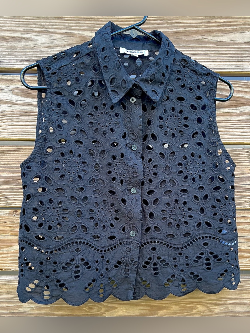 Vigoss Black 100% Cotton Eyelet Sleeveless Button Down Top Women’s SZ M LIKE NEW